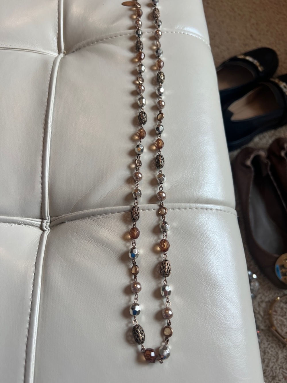 Layered Brown and Silver Beaded Long Necklace